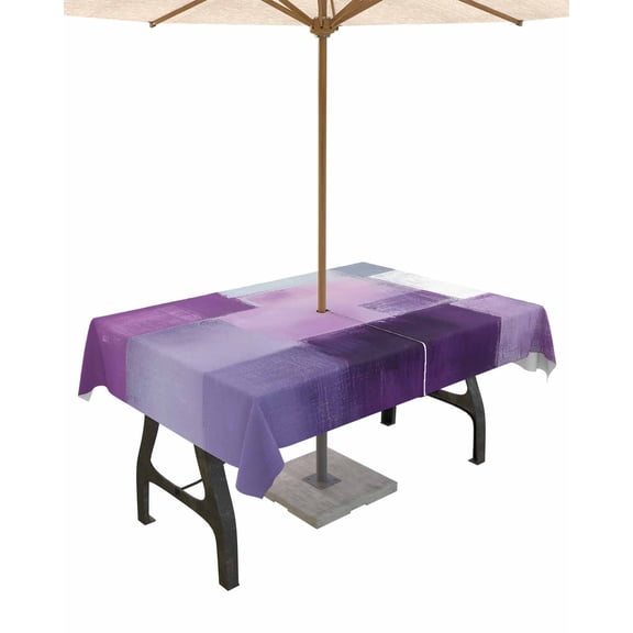 Boanket Outdoor Tablecloth with Umbrella Hole for Patio/Picnic/Party/Camping, Purple Grey White Waterproof Table Cloth Rectangle Table Cover Washable, Abstract Modern Square Smear Art (54"x 80")