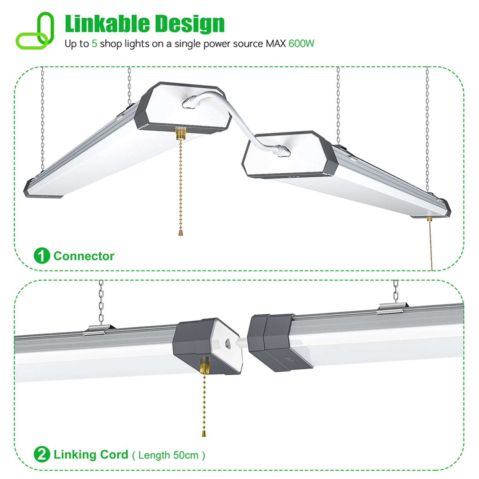 Chiuer Linkable LED Garage Shop Light 120W 15600LM 5000K 120V with On/Off Pull Chain--2 Pack