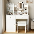 thumbnail image 3 of Vanity Set with Mirror, UHOMEPRO Vanity Desk with 2 Drawers and Large Cabinet Storage, Modern Dressing Table with Cushioned Stool and Lighted Mirror, Vanity Desk Makeup Vanity Table Set, White, 3 of 11