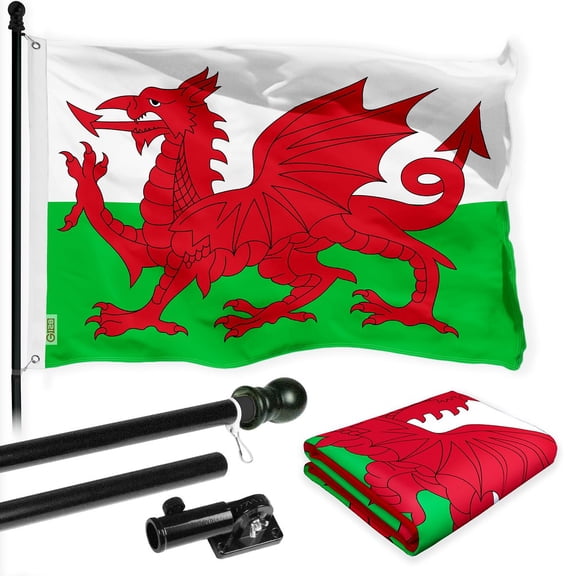 G128 Combo Pack: 6 Ft Tangle Free Spinning Flagpole (Black) & Wales Flag 3x5 Ft Printed 150D Polyester, Brass Grommets (Flag Included) Aluminum Flag Pole
