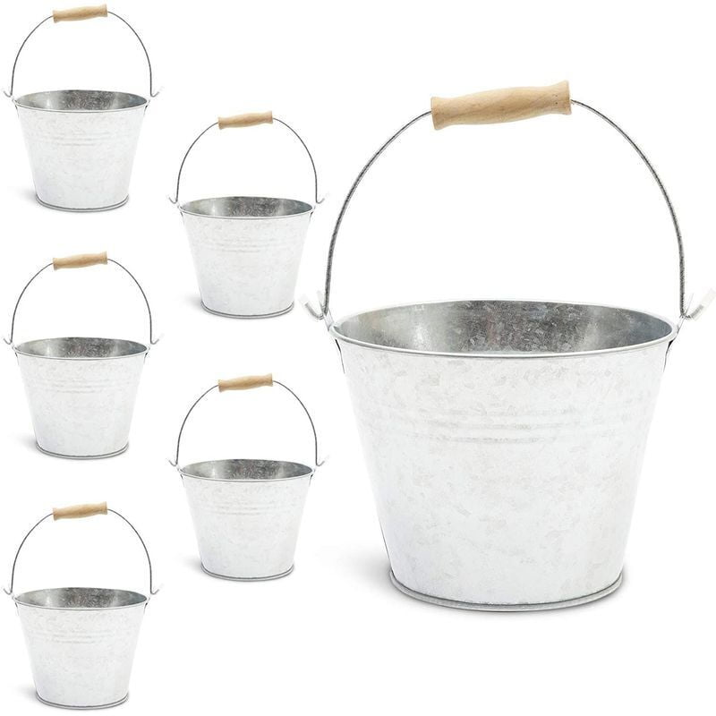 Galvanized Metal Buckets with Wooden Handles for Decoration (4.5 in, 6
