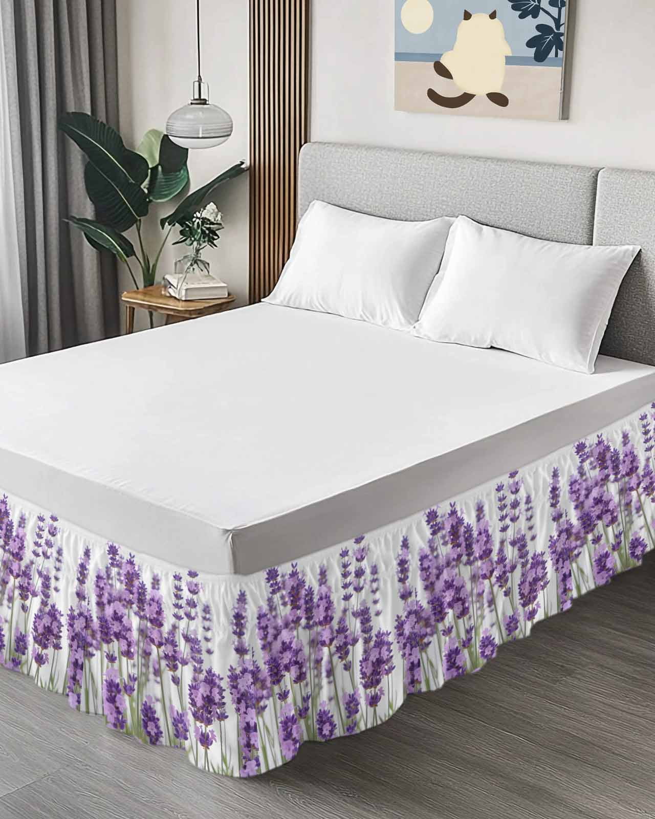 Purple Lavender Wrap Around Bed Skirts for King Bed 16" Drop,Bed Skirt with Adjustable Elastic Belt Dust Ruffle Bed Valance for Bedroom Hotel Farmhouse Pastoral Botanical Floral Bed Frame Cover