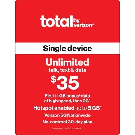 Celkem od Verizon $ 35 Unlimited TAK & TEXT Single Device 30denní předplacené plán (11 GB při vysokých rychlostech) + 5 GB mobilního e-pinského e-pinu nahoru (doručení e-mailu)