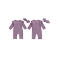 thumbnail image 3 of Aojekbee Baby Girl Rompers Solid Color Buttons Crew Neck Long Sleeve Jumpsuits Fall Clothes Bodysuits with Headband, 3 of 10