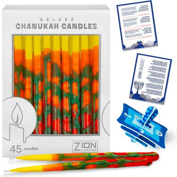 Zion Judaica Deluxe Chanukah Candle Set Blaze of Fire 45 Hand Made Thin Long Decorative Hanukkah Candles for Menorah Includes Prayer Card and DIY Dreidel D茅cor Candles for Parties Celebrations