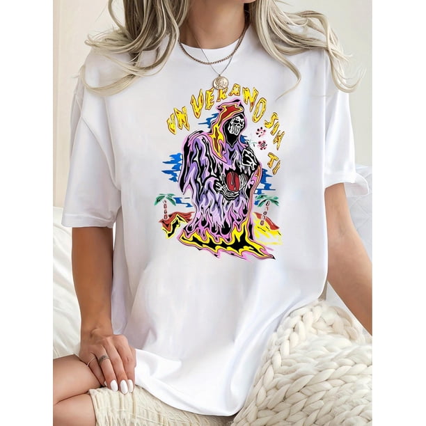 Camiseta de Verano para Mujer Suave Cuello RedondoWomen's Fun Skull Graphic Tee - Casual Crew Neck Short Sleeve T-Shirt, Stretchy & Breathable Polyester Blend, Perfect for SummerFather's Day, Mother