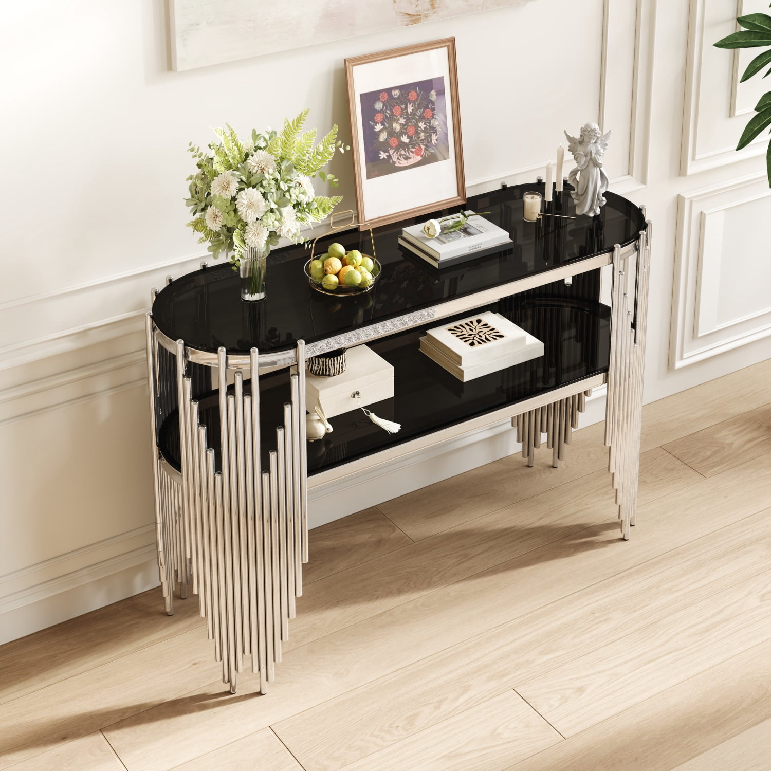 Hommoo Modern Oval Console Table with 2-Tier Tempered Glass Shelves & Polished Stainless Steel Frame, Luxury Entryway Table for Hallway, Living Room, or Behind Sofa, Black & Sliver