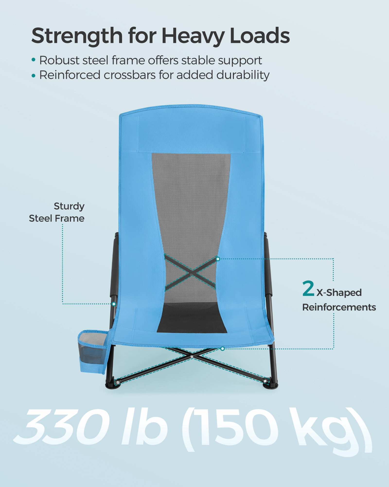 Set of 2 Camping Chairs, Beach Chairs, Portable Outdoor Chairs, with High Backrest, Cup Holder, Lightweight, Heavy-Duty, Max. Load 330 lb per Chair, Light Blue