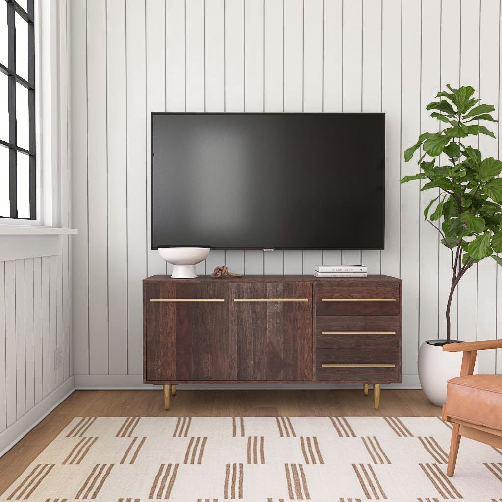 Powell Delwin Mid-Century Modern 3-Drawer 2-Door Wood Indoor Console Table, Dark Brown