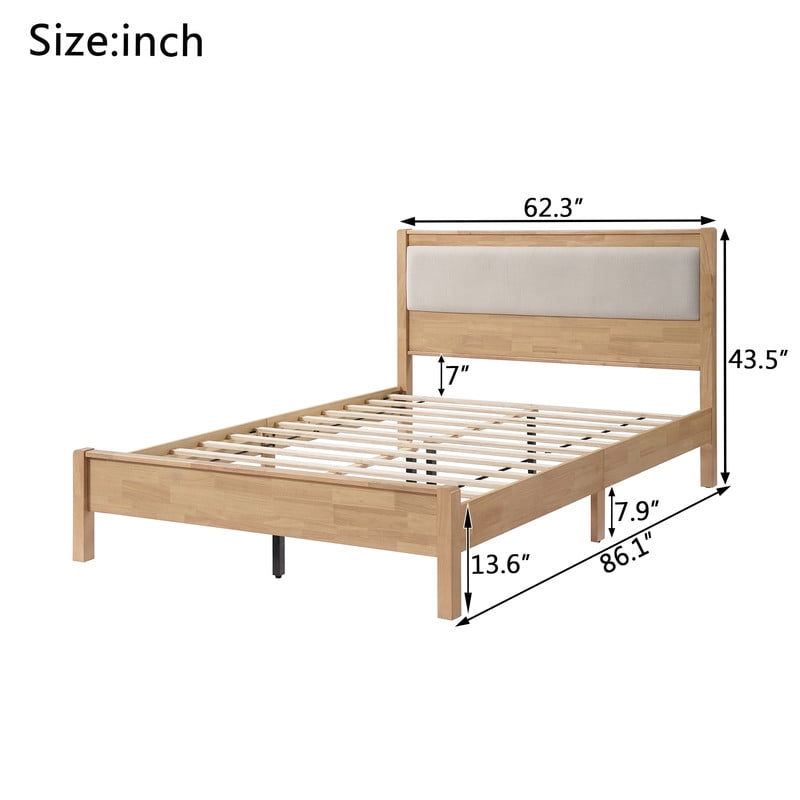 Queen Size Wooden Bed Frame with Upholstered Headboard, Low Profile Platform Bed with Central Support Legs