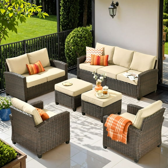Ovios 6 Pieces Outdoor Patio Furniture Set Wicker Rattan Outside Conversation Sectional Sofa for Backyard