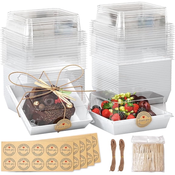 Gtouse 50 Pack Small Charcuterie Boxes with Clear Lids, Disposable To Go Food Containers, Paper Bakery Boxes Dessert Boxes for Cookie, Cupcakes, Mini Donuts and Strawberries