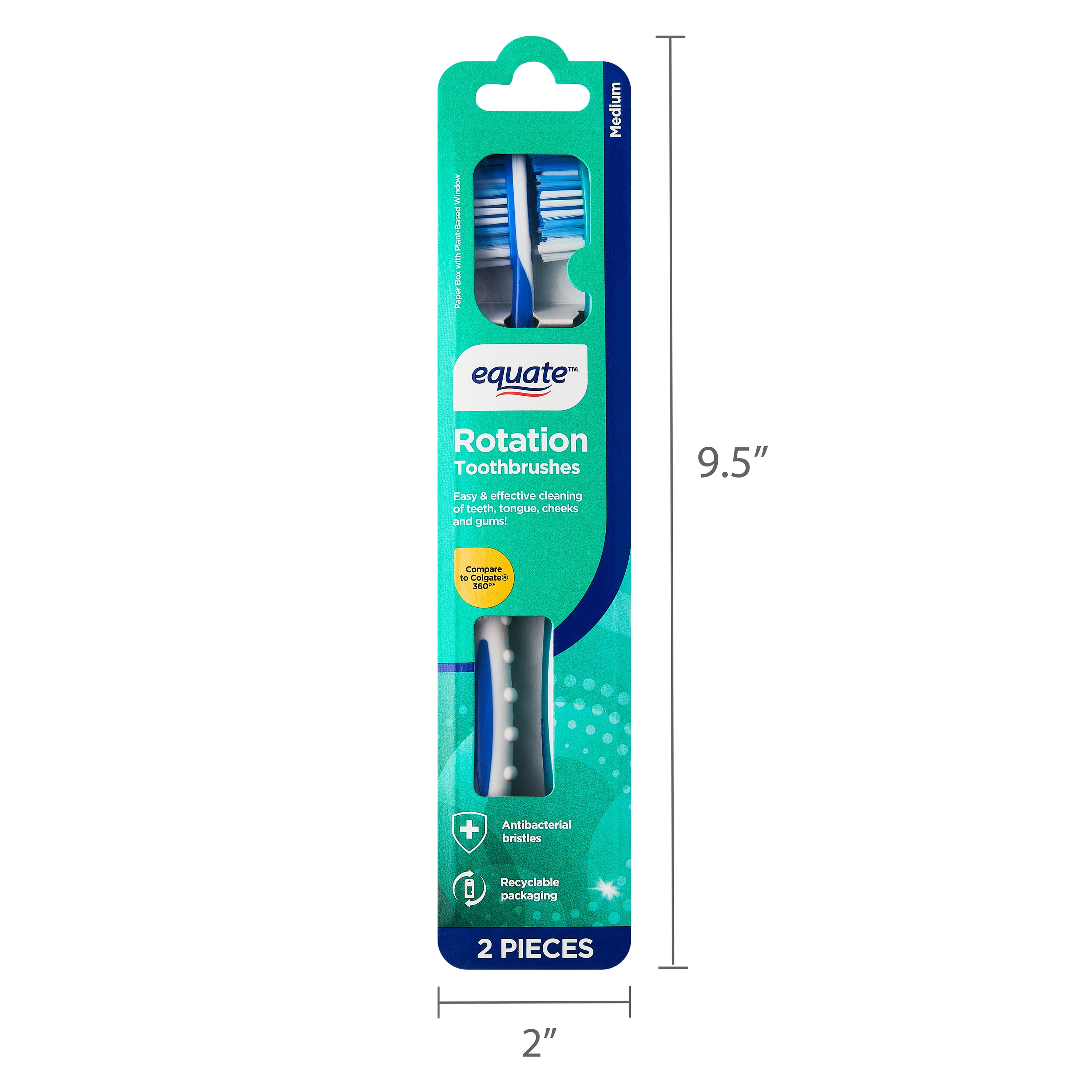 Equate Rotation Manual Toothbrush with Tongue and Cheek Cleaner, Medium