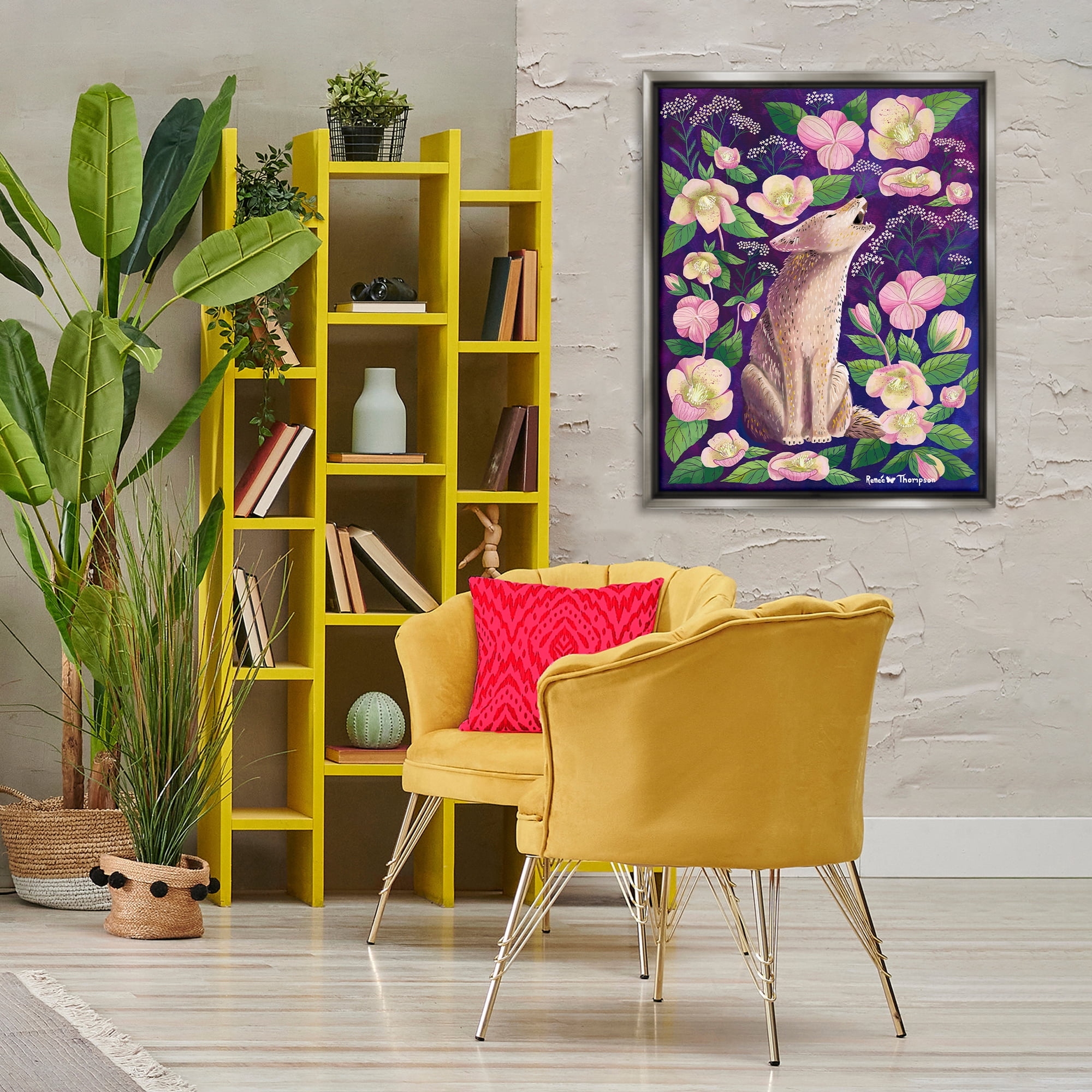 Stupell Industries Coyote & Pink Florals Animals Painting Gray Floater Framed Canvas Art Print Wall Art, 25 x 31