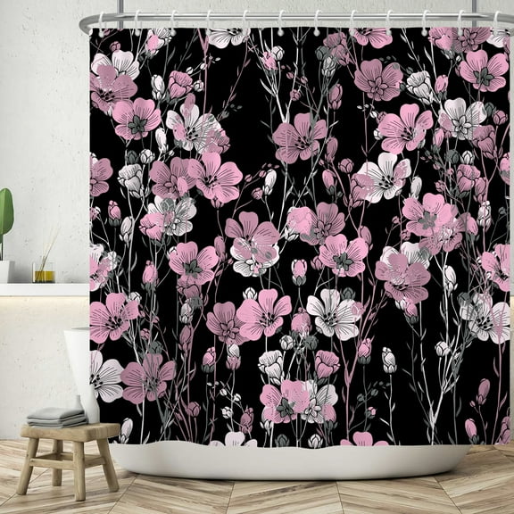 SUNOLIFE Pink Daisy Floral Shower Curtain Flowers Waterproof Fabric Bathroom Curtain 72x72 in