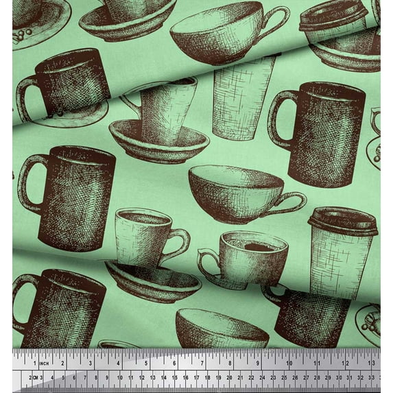 Soimoi Crepe Silk Fabric Tea & Coffee Cups Decor Fabric Printed Yard 42 Inch Wide