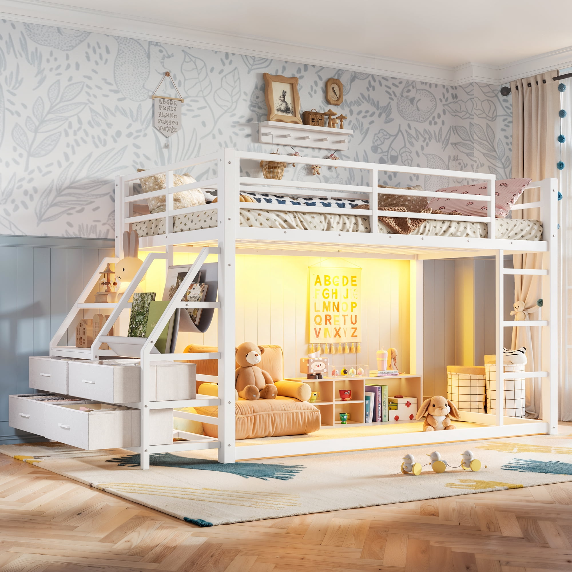 Leumius Metal Bunk Bed Twin over Twin with Storage Shelves and Drawers,Metal Bunk Bed Frame with LED Lights,No Box Spring Need,White