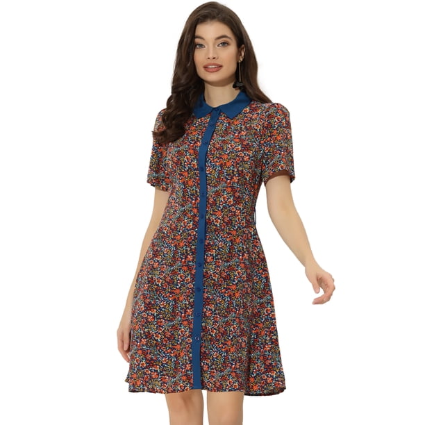 Vestido Camisero Floral Con Cinturón Y Cuello En Contraste De Manga Corta Para Mujer Azul Oscuro S