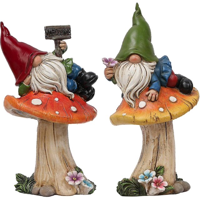 Gartenzwerg 2er Set 17cm Gartenzwerg Auf Pilzen Liegend Kunstharz Mit Willkommensschild Gartenzwerg Dekoration Estatua
