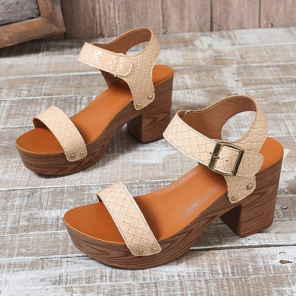 HOSHOSE Women's Mid Heel Sandals Fish Mouth Breathable Hollow PU Strap Summer Dress Shoes Wide Width