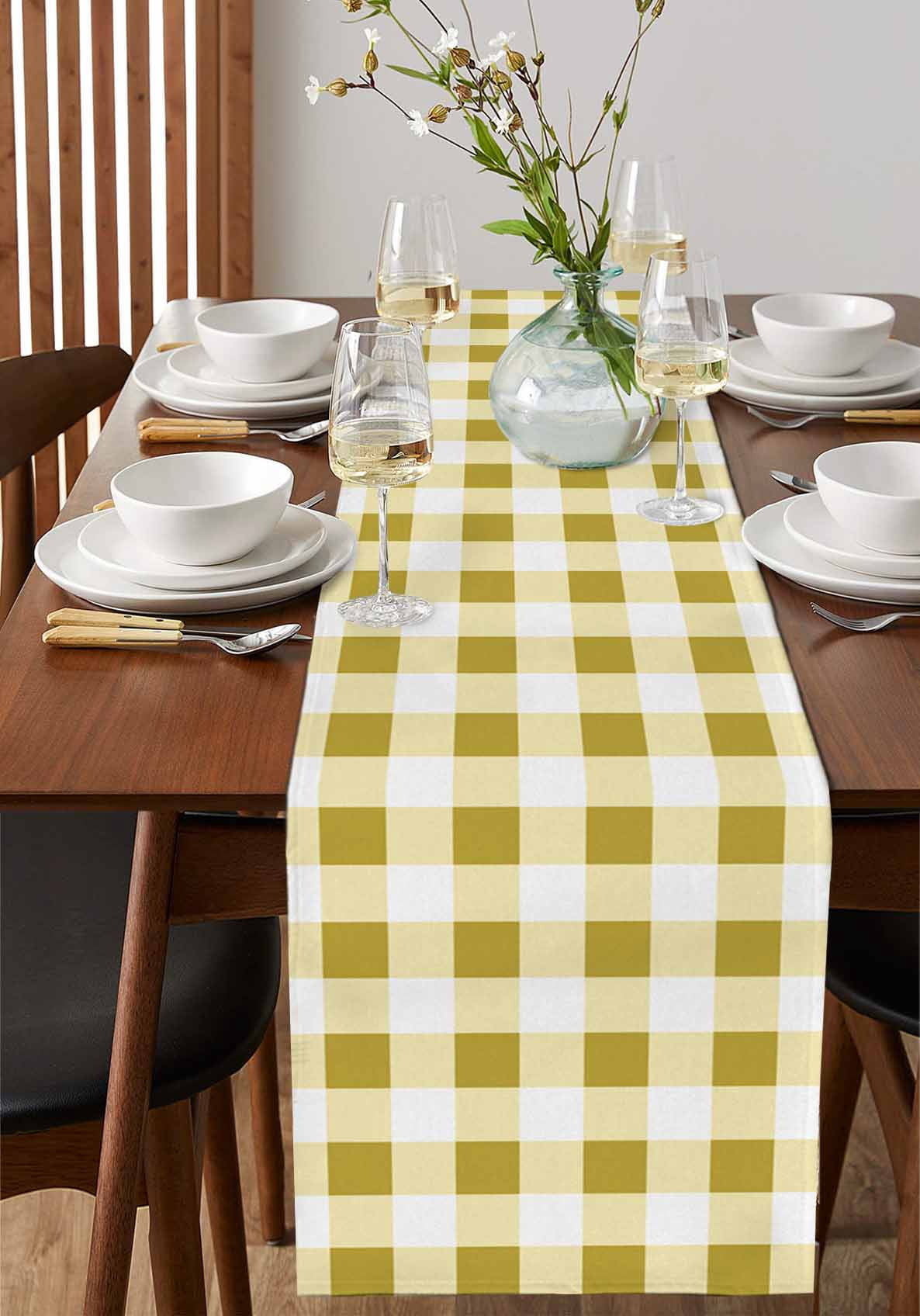 Yellow Checkered Burlap Cotton Table Runner 14x72 Inches Long, Farmhouse Buffalo Plaid Farmhouse Table Runners, Outdoor Dining Tablecloths Decor for Baby Shower/Party/Wedding