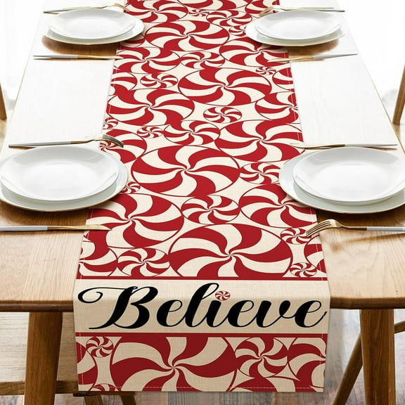 Christmas Peppermint Candy Table Runner, Red Xmas Believe Kitchen Dining Table Decoration, Winter Burlap Indoor Outdoor Home Decor Holiday Party Supply 13 x 72 Inches