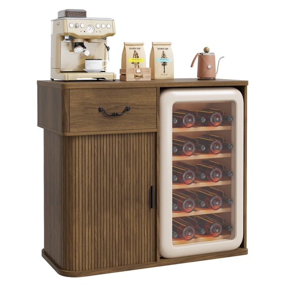 AHB Mini Fridge Cabinet Stand for Home Bar, 39" Wide Coffee Bar Cabinet with Storage Drawer, Walnut Wood Grain Top with Gold Accents, Fits Most Mini Fridges for Dorm Kitchen Office