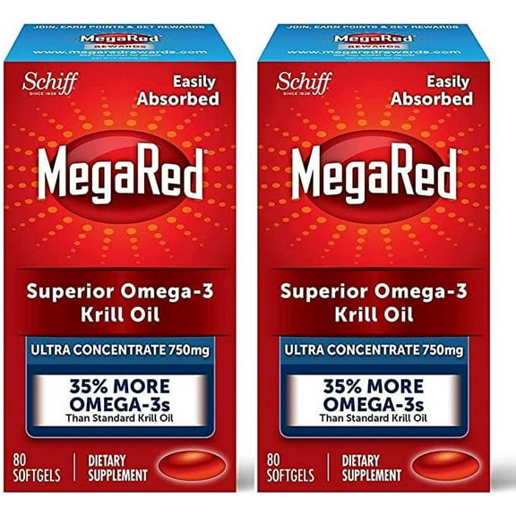 MegaRed Ultra Strength Krill Oil Omega 3 Supplement, 750mg Krill Oil – EPA & DHA & Antioxidant Astaxanthin for Heart Health, 80 Softgels, No Fish Oil Aftertaste (Pack of 2)