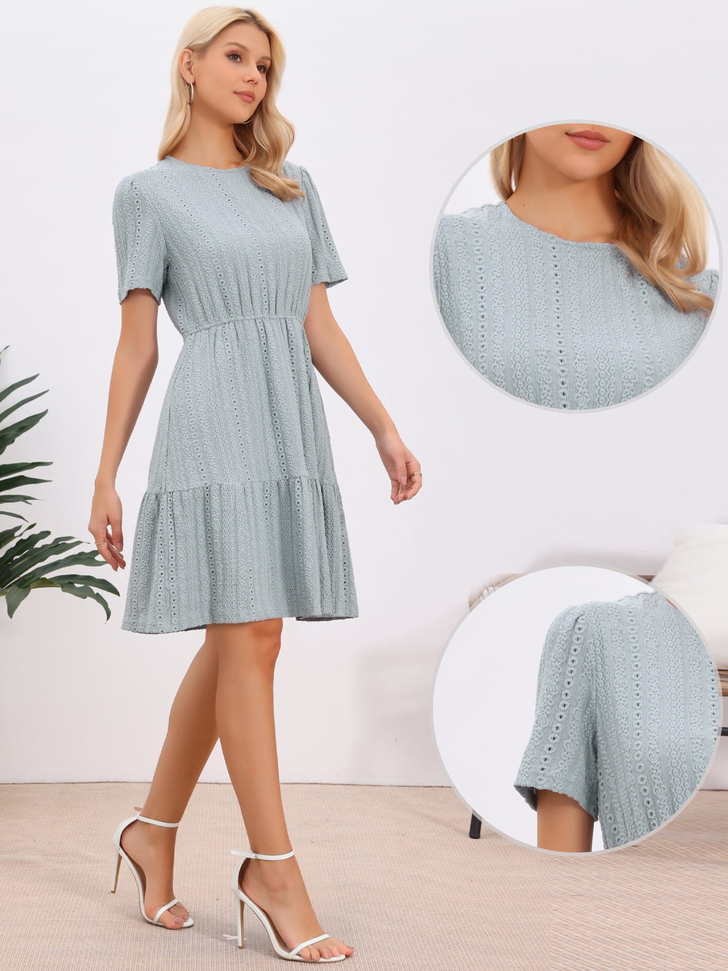 DARING DIVA Women's Tiered Flare Crew Neck Mini Crochet Short Sleeve Flowy Dresses L Blue