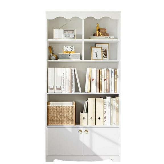 63”Tall Bookcase with 6 Open Display Shelves & Hidden Shelves 5 Tier Modern Farmhouse Bookcase with Adjustable Feet and Door for Home & Office White