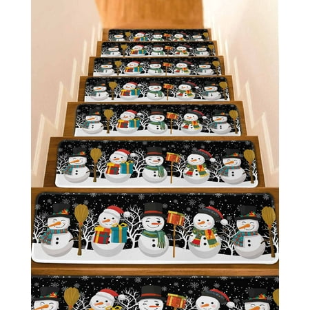 Black Snowman Stair Treads for Wooden Steps Indoor Runner Rug Carpet Christmas Winter Snowflake Xmas Tree 7 Pieces Peel and Stick Staircase Step Treads Covers Washable Throw Door Mats 30 x8