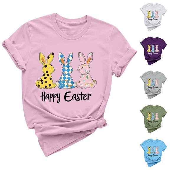 Inverlee Womens Easter Tshirts Funny Bunny Eggs Graphic Tees Loose Fit Short Sleeve T Shirts Blouses Going Out Crewneck Dressy Casual Tops