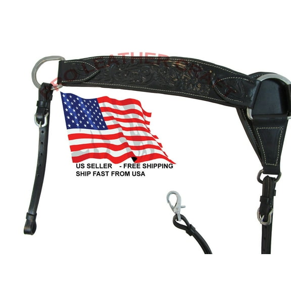 Western Breast Collar Roping Breastcollars Floral Tooled Leather Black Horse Breastcollar Barrel Racing Heavy Duty Trail Pleasure