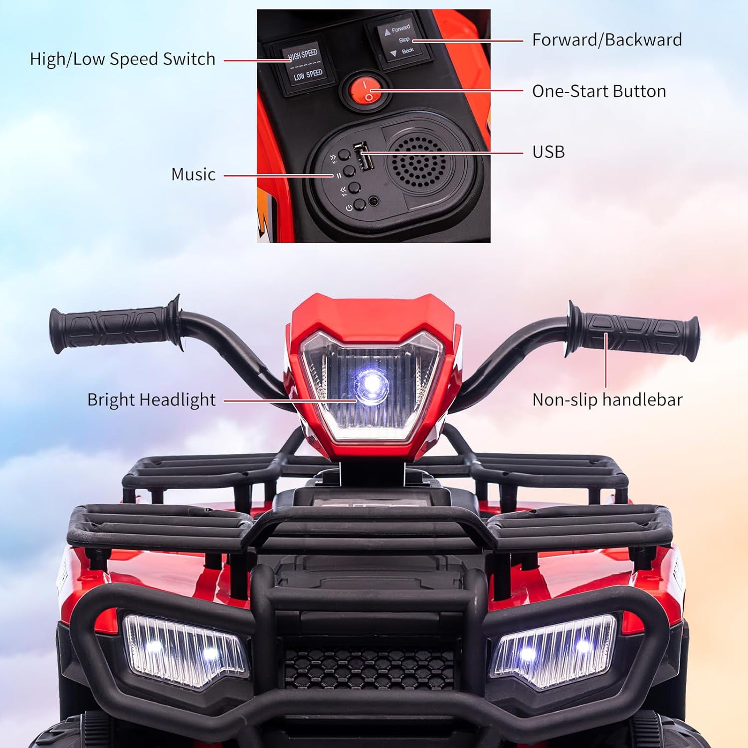 Acekid 12V Ride on ATV High/Low Variable Speed Ride on Electric Vehicle with LED Light Music USB 1.5-2.2mph Safety Speed Red