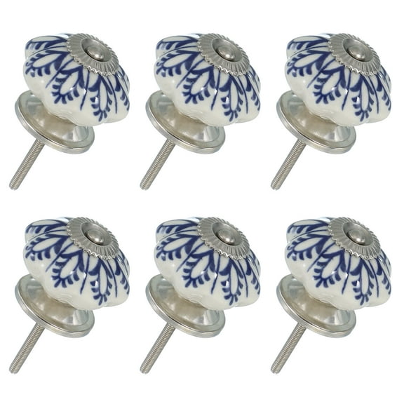 6 Packs Ceramic Knobs, Pumpkin Ceramic Cabinet Drawer Knobs with Screw for Closet Drawer Cupboard Wardrobe, White/Dark Blue (Flower Leaf)