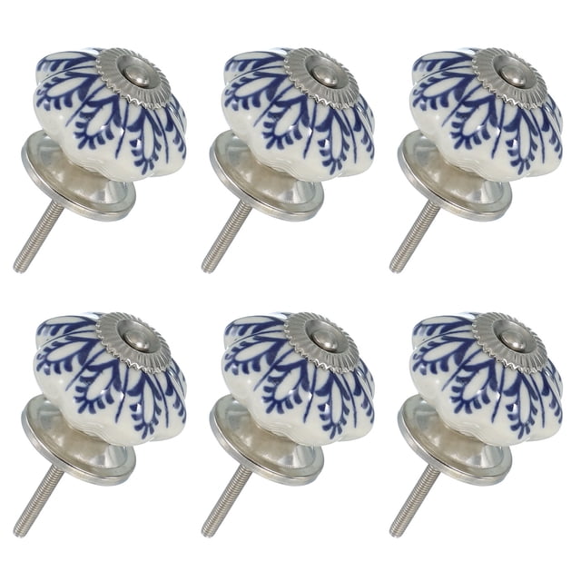 6 Paquetes de Perillas de Cerámica, Perillas de Armario de Cerámica en Forma de Calabaza con Tornillo para Cajón de Closet, Armario y Vestidor, Blanco/Azul Oscuro (Hoja de Flor)