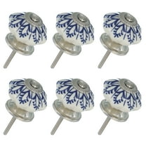 6 Packs Ceramic Knobs, Pumpkin Ceramic Cabinet Drawer Knobs with Screw for Closet Drawer Cupboard Wardrobe, White/Dark Blue (Flower Leaf)