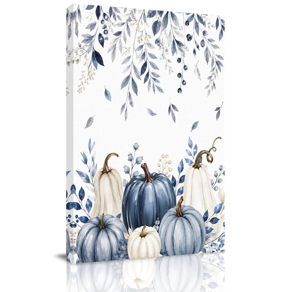 Canvas Wall Art, Blue Pumpkins Falll Framed Canvas Prints for Kitchen Bedroom, Seasonal Thanksgiving Maple Leaf Small Gallery Wrapped Wall Decor for Home Office, Gifts, 8"x12" Ship Next Day