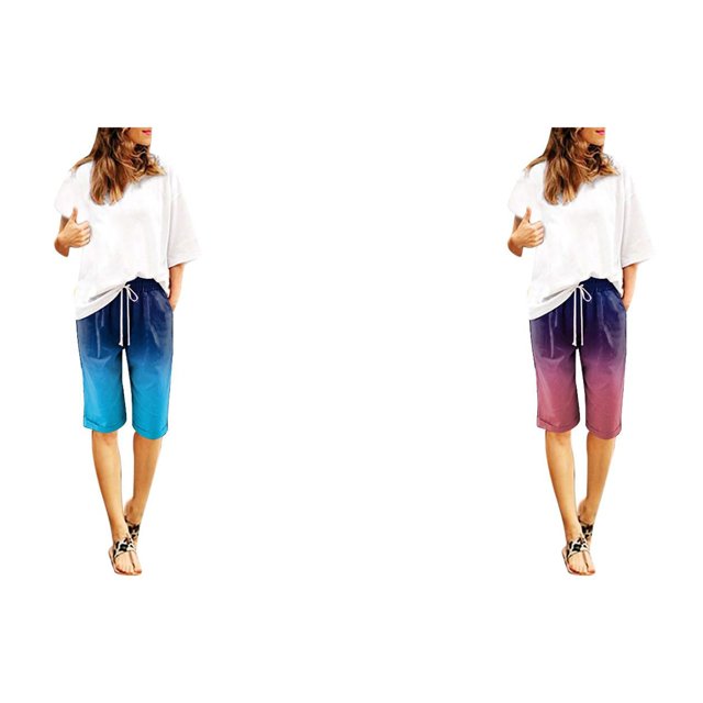 (2-Pack) Rinsvye Women Print Summer High Workout Shorts Women Waisted Prints Plus Size Pajamas for Women Shorts Set with Robe Shorts Lacing Beach Pants Womens Short Sleeve Tops Workout Pocket Five P