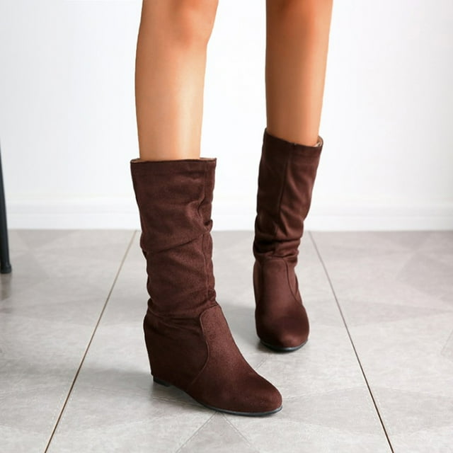 YOUSNH Bottes Mi-Longues en Daim Couleur Unie Rétro pour Femmes Tendance 2024 Marron 7