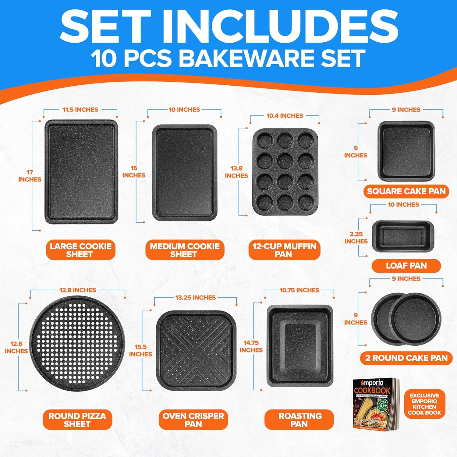 10-Piece Stackable Nonstick Baking Pan Set – Gray Marble Carbon Steel Bakeware, Oven Safe to 450°F, with Recipe Booklet