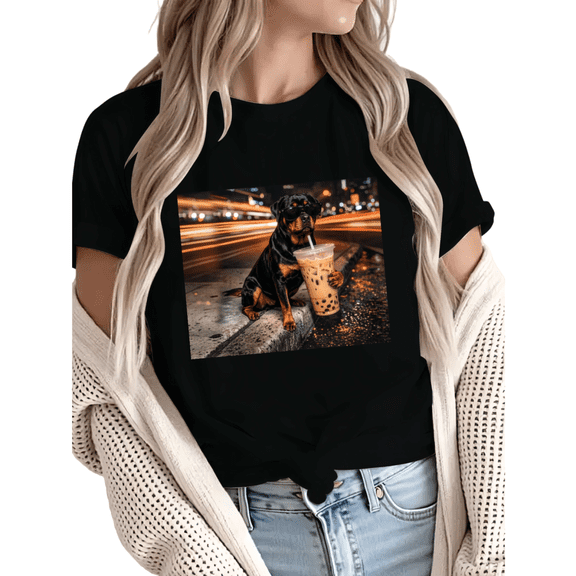 Giffimy Women's Cool Rottweiler Dog With Sunglasses Holding Boba Tea Night City Graphic Short Sleeve T-Shirt Casual Crewneck Top