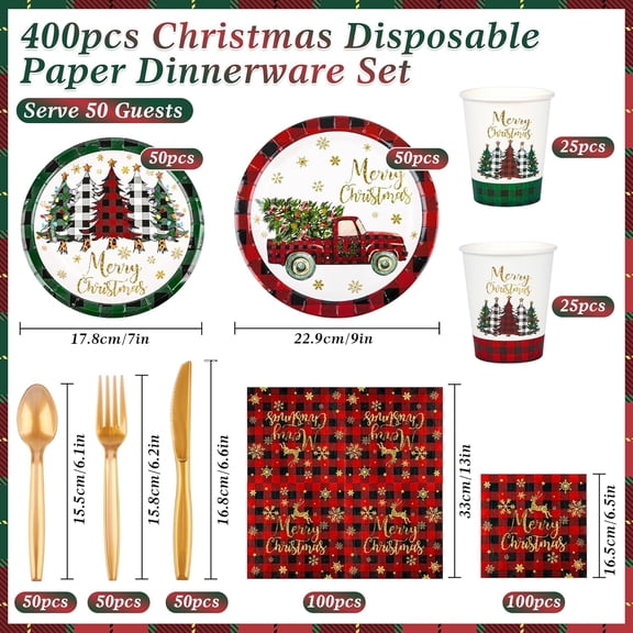 YUYAN-400 Pcs Christmas Paper Plates and Napkins Set, Merry Christmas Buffalo Plaid Disposable Dinnerware Set for 50 Guest, Xmas Tree Truck Paper Plates and Napkins Cup Knives Spoon Fork for Holiday