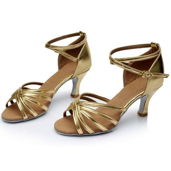 CQONEPT Low Heel Pump Sandals for Womens Dressy, Latin Dance Shoes Heeled Ballroom Salsa Tango Party Sequin Dance Shoes Size 5 Gold