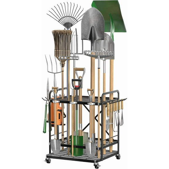 Garden Tool Organizer For Garage Garden Tool Storage with Wheels Garden Tool Rack Stand Garden Tool Holder Yard Tool Storage for Outdoor Shed Garage Garden Black