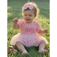 thumbnail image 4 of BemeyourBBs Infant Baby Girl First Birthday Outfit 1st Years Old Birthday Summer Clothes Letter Embroidery Bow Print Short Sleeve Smocked Romper Dress Bow Headband Set, 4 of 8