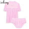 thumbnail image 2 of Conjunto de pijama de 2 piezas para hombre y adulto, lencería con cuello de muñeca, manga corta abullonada, con volantes, ropa interior, bragas, vestido cruzado, 2 of 4
