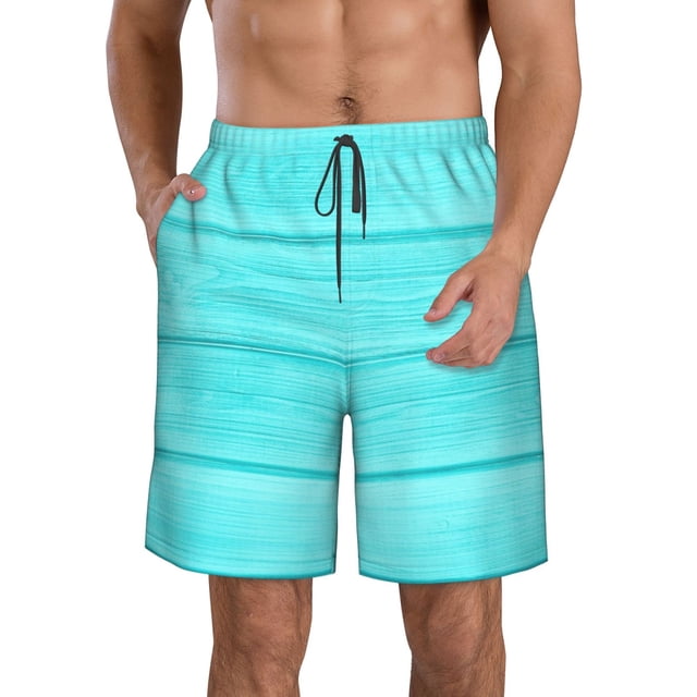 Sikiie Turquoise Wooden Print Men's Beach Shorts, High Elastic Quick-drying Shorts - with Drawstring and Slip Pockets, Suitable for Beach, Sports, Vacation-Large