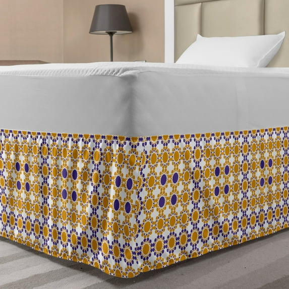 Ethnic Bed Skirt, Bicolour Design Flower Motif Repetition with Eastern Essentials, Elastic Bedskirt Dust Ruffle Wrap Around for Bedding Decor, 4 Sizes, Orange Blue Violet, by Ambesonne