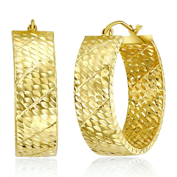 Wellingsale Ladies 14k Yellow Gold Polished Diamond Cut 7mm Hoop Earrings (25mm Diameter)
